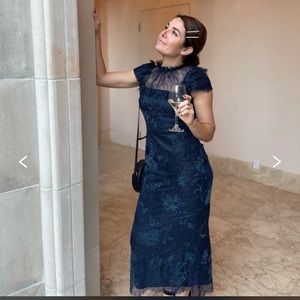 Marchesa Notte Cap Slv Navy Lace Bib Dress Sz 6